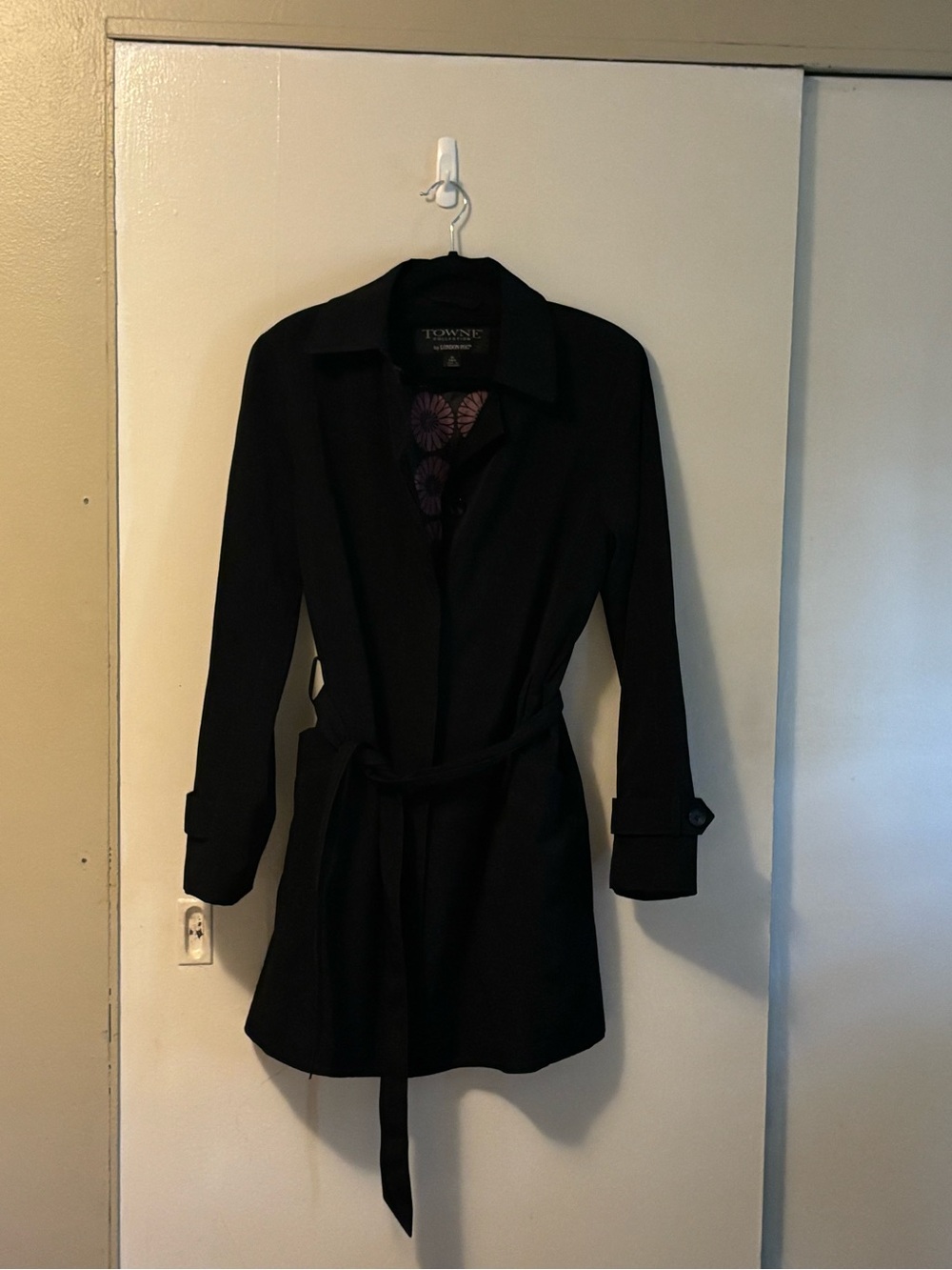 Towne by London Fog Black Belted Trench Coat with Floral Lining Peek